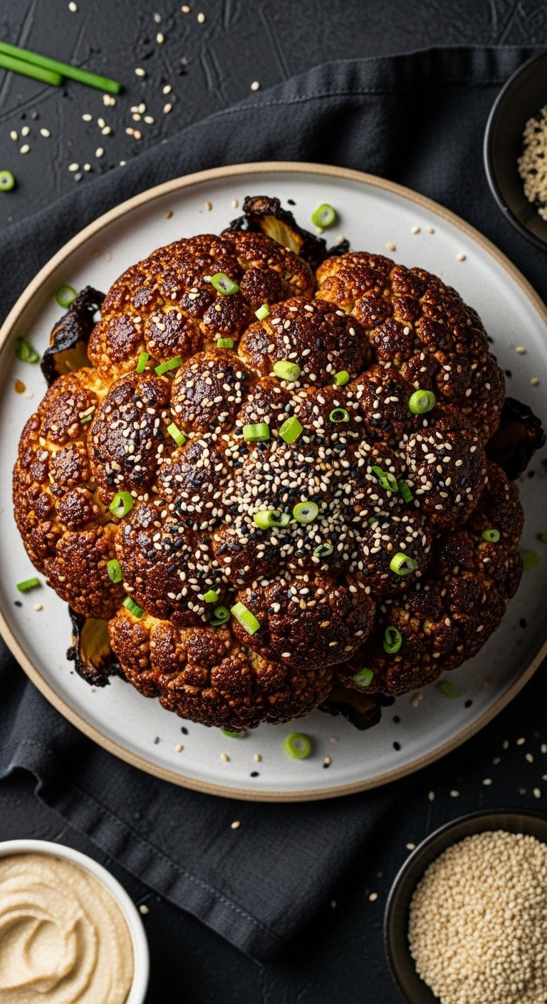 Overhead Of Whole Roasted Cauliflower With Dark Miso Glaze, Sesame Seeds, Scallions On Plate, Sophisticated Vegetarian Entree.