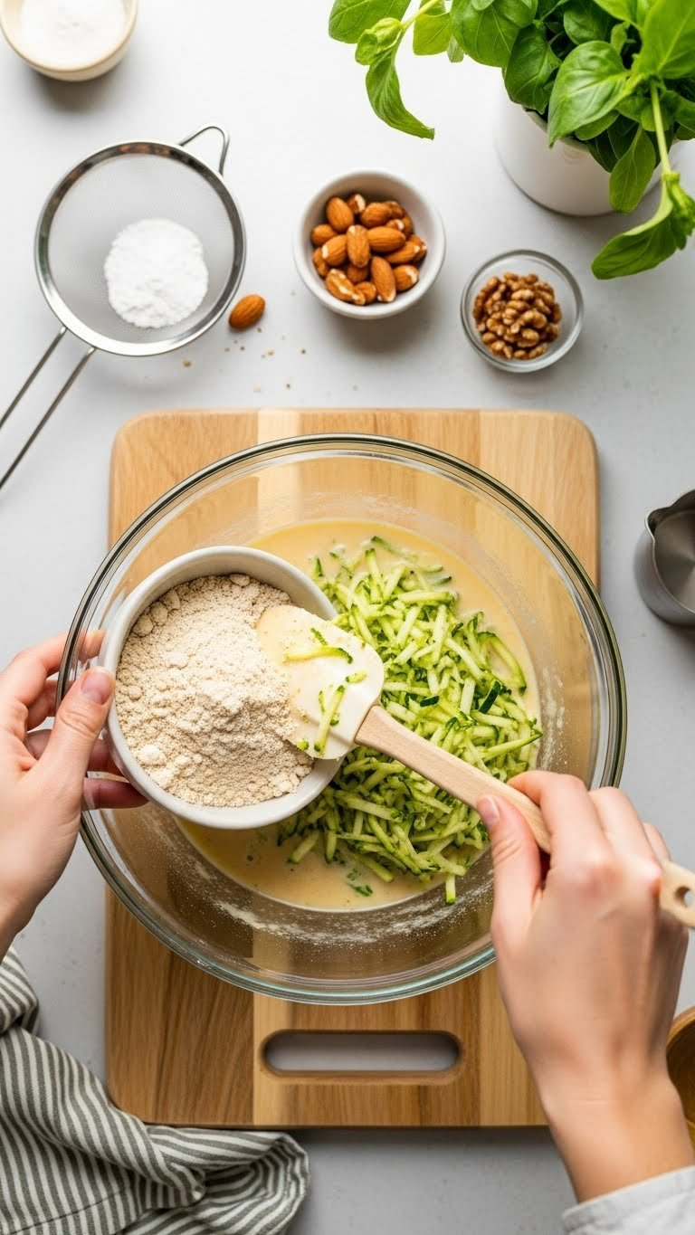 Overhead Shot Folding Dry Ingredients Into Wet Batter With Shredded Zucchini Using Silicone Spatula