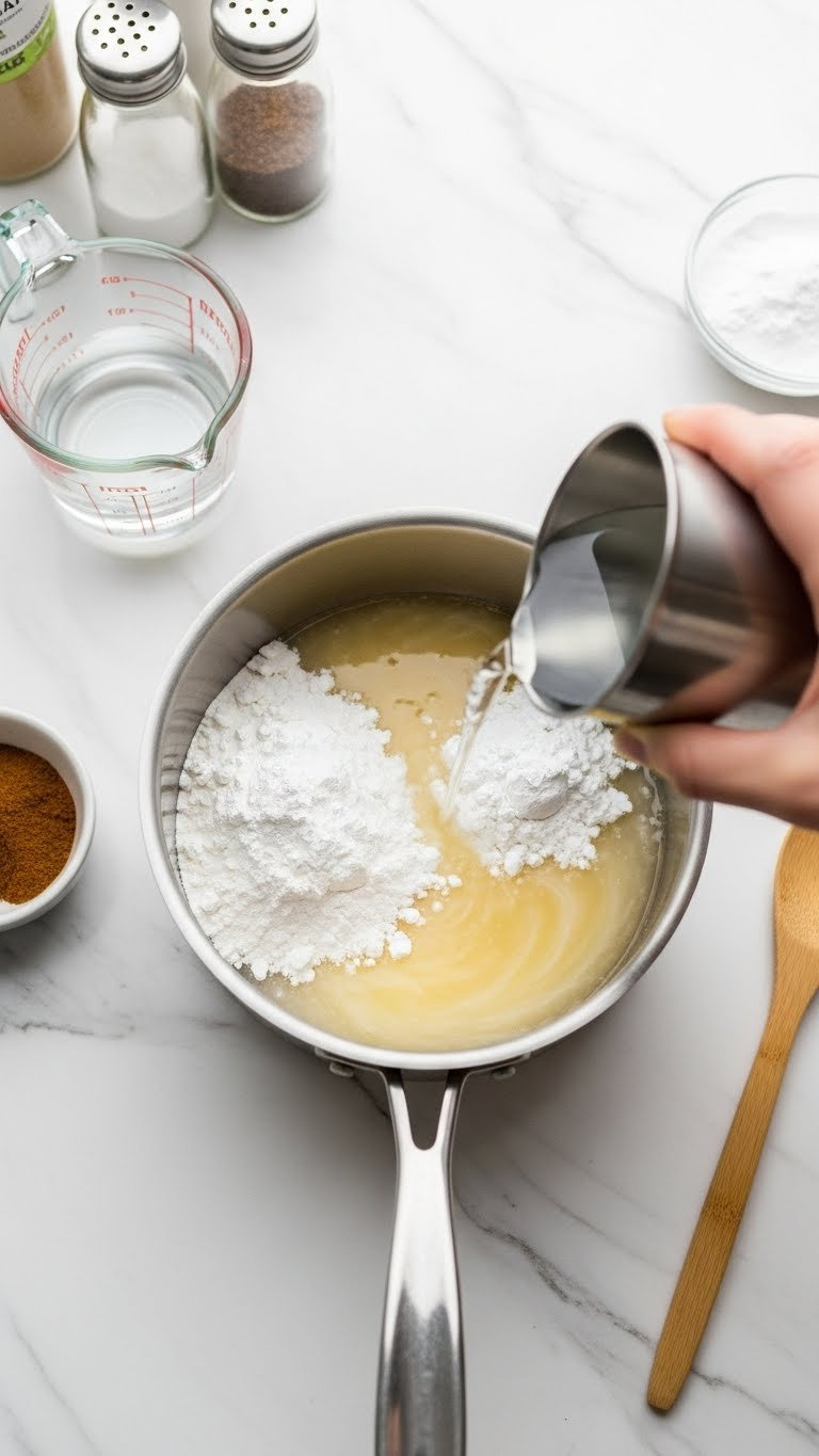 Overhead Shot Of Baking Soda And Cornstarch Powder Mixture In Stainless Steel Saucepan With Clear Water Being Poured On White Marble Countertop