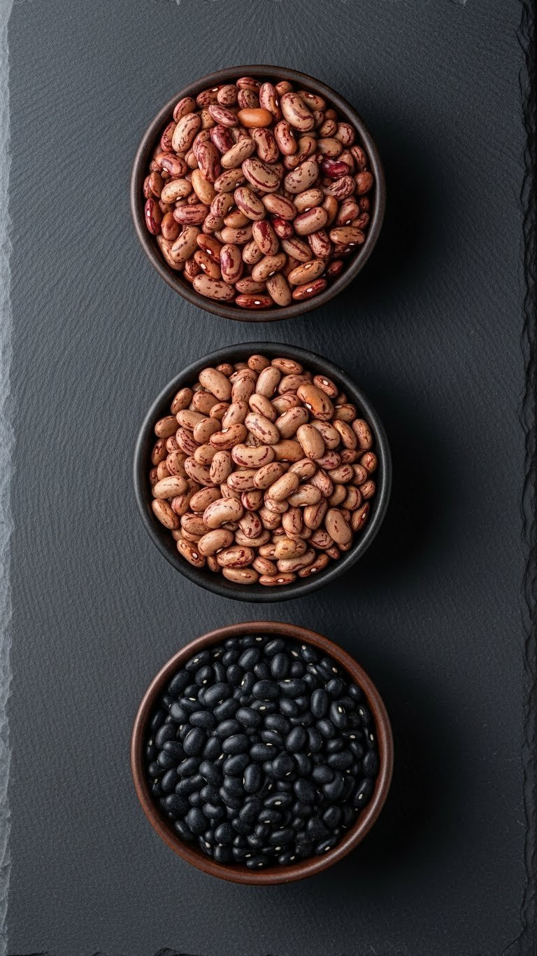 Overhead Shot Of Dried Pinto, Kidney, And Black Beans In Rustic Bowls On Dark Slate Surface