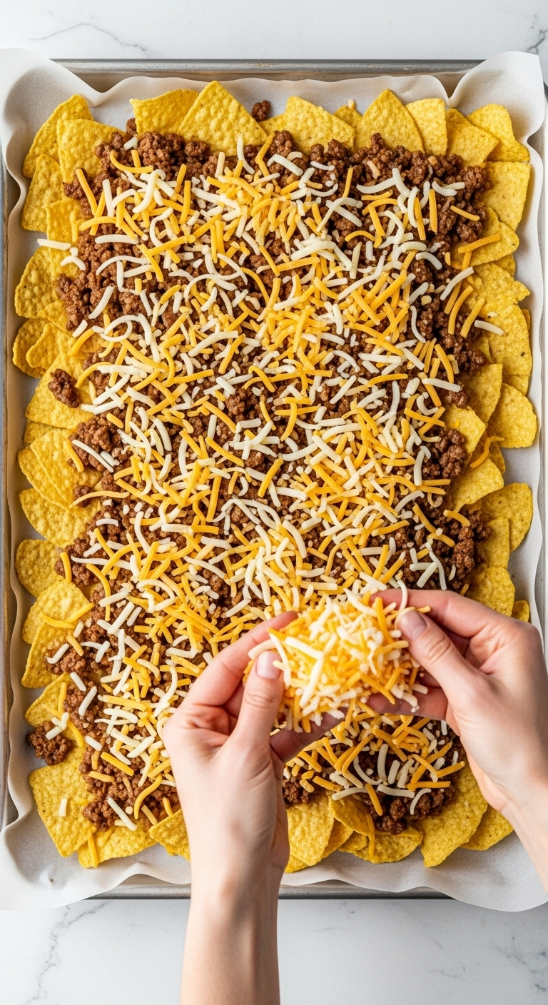 Overhead Shot Of Hands Sprinkling Shredded Cheese Over A Second Layer Of Beef And Tortilla Chips On A Parchment-Lined Baking Sheet, Highlighting The Layering Process For Loaded Beef Nachos Preparation