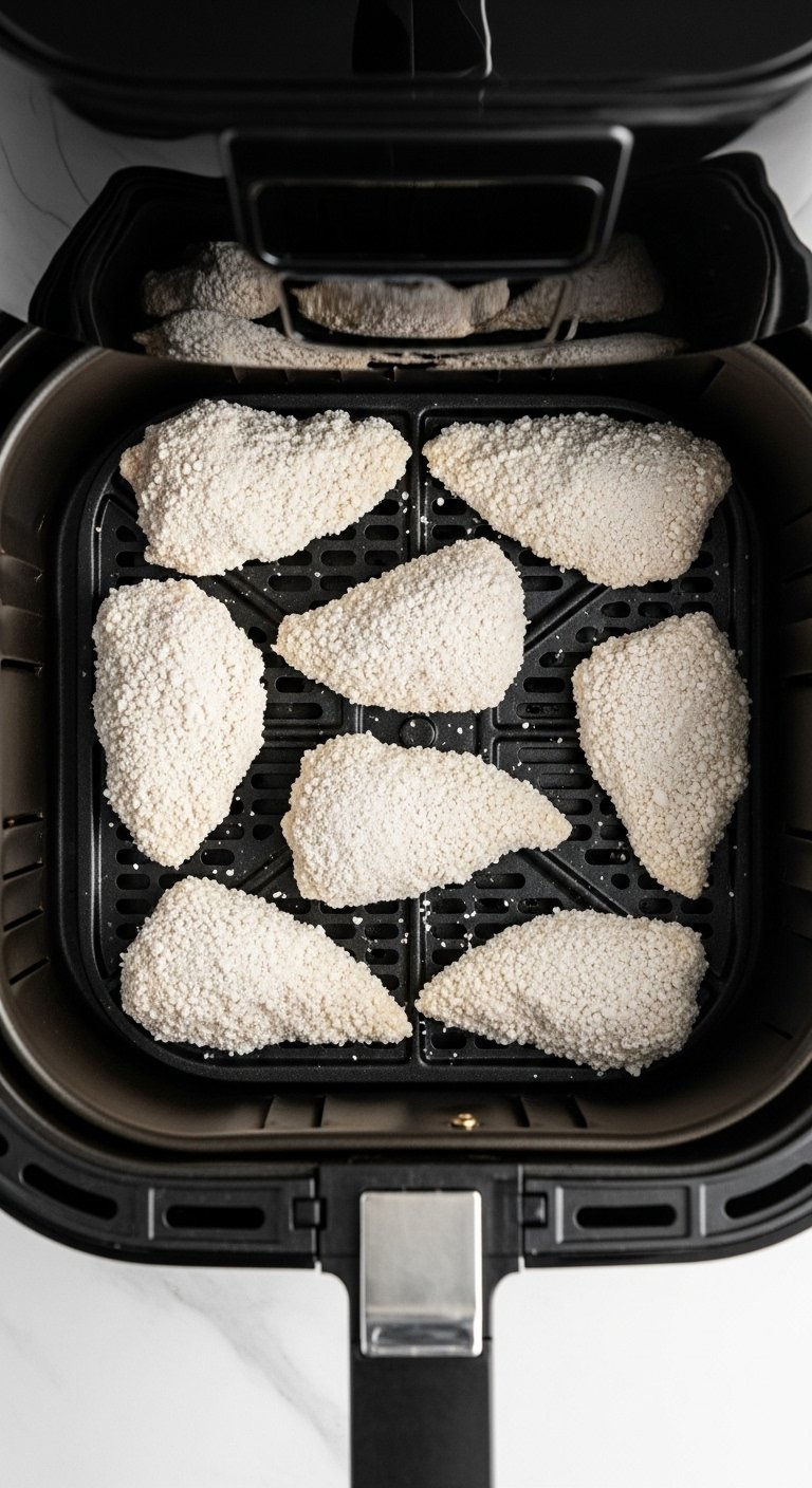 Overhead Shot Of White Coated Chicken Pieces Arranged In A Single Layer Inside Air Fryer Basket.