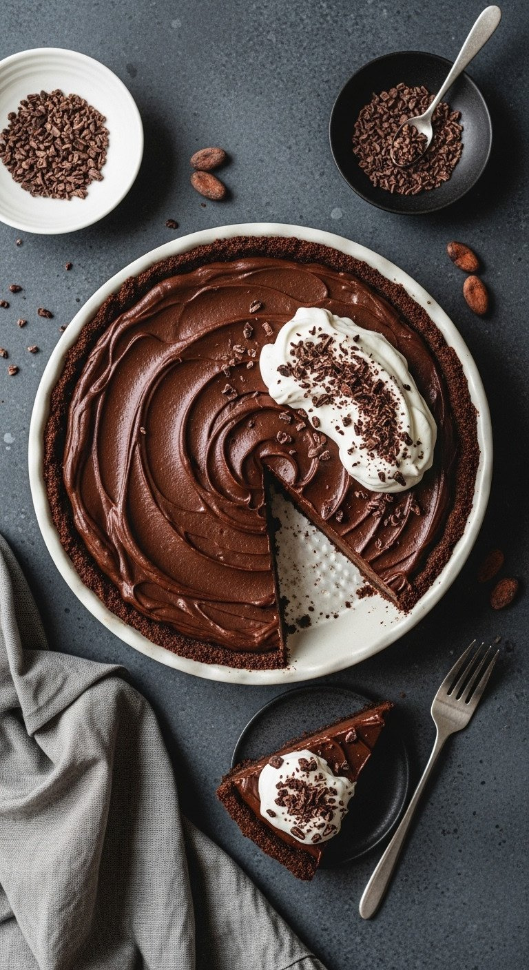 Overhead View Of A Dairy-Free Chocolate Silk Pie With A Slice Removed, Topped With Whipped Cream And Chocolate Shavings.