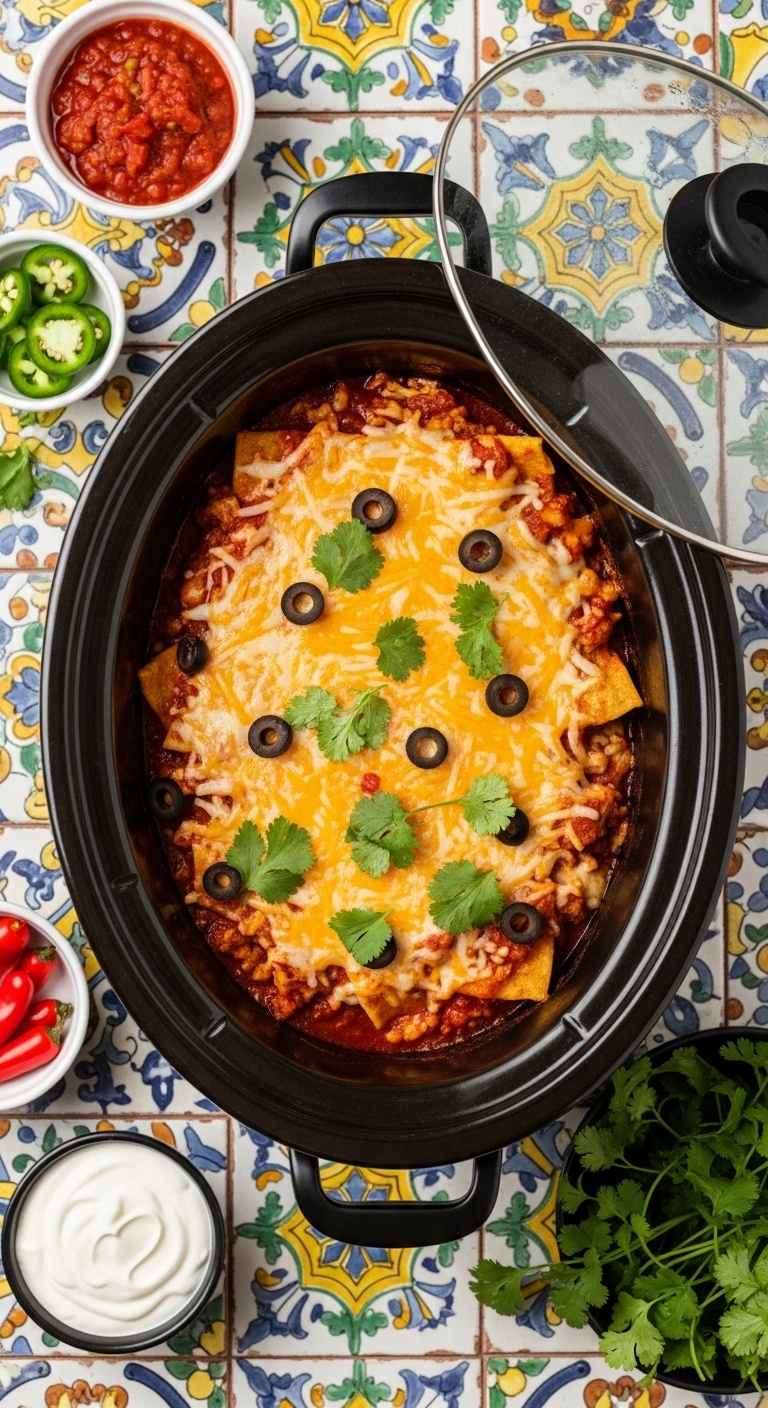 Overhead View Of Bubbly Slow Cooker Enchilada Casserole With Melted Cheese Cilantro And Olives On A Tile Surface