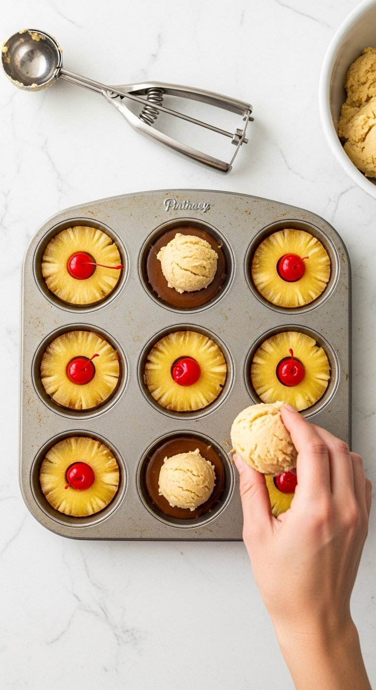 Overhead View Of Pineapple Upside Down Cookies Assembled In Muffin Tins With Dough Scoops.
