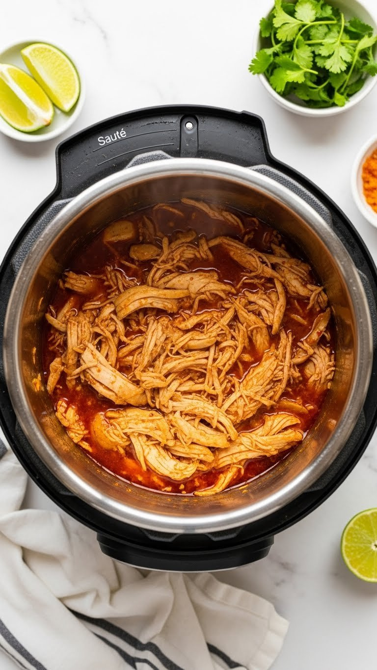 Overhead View Of Shredded Chicken Simmering In Flavorful Sauce Inside Instant Pot With Sauté Button Illuminated