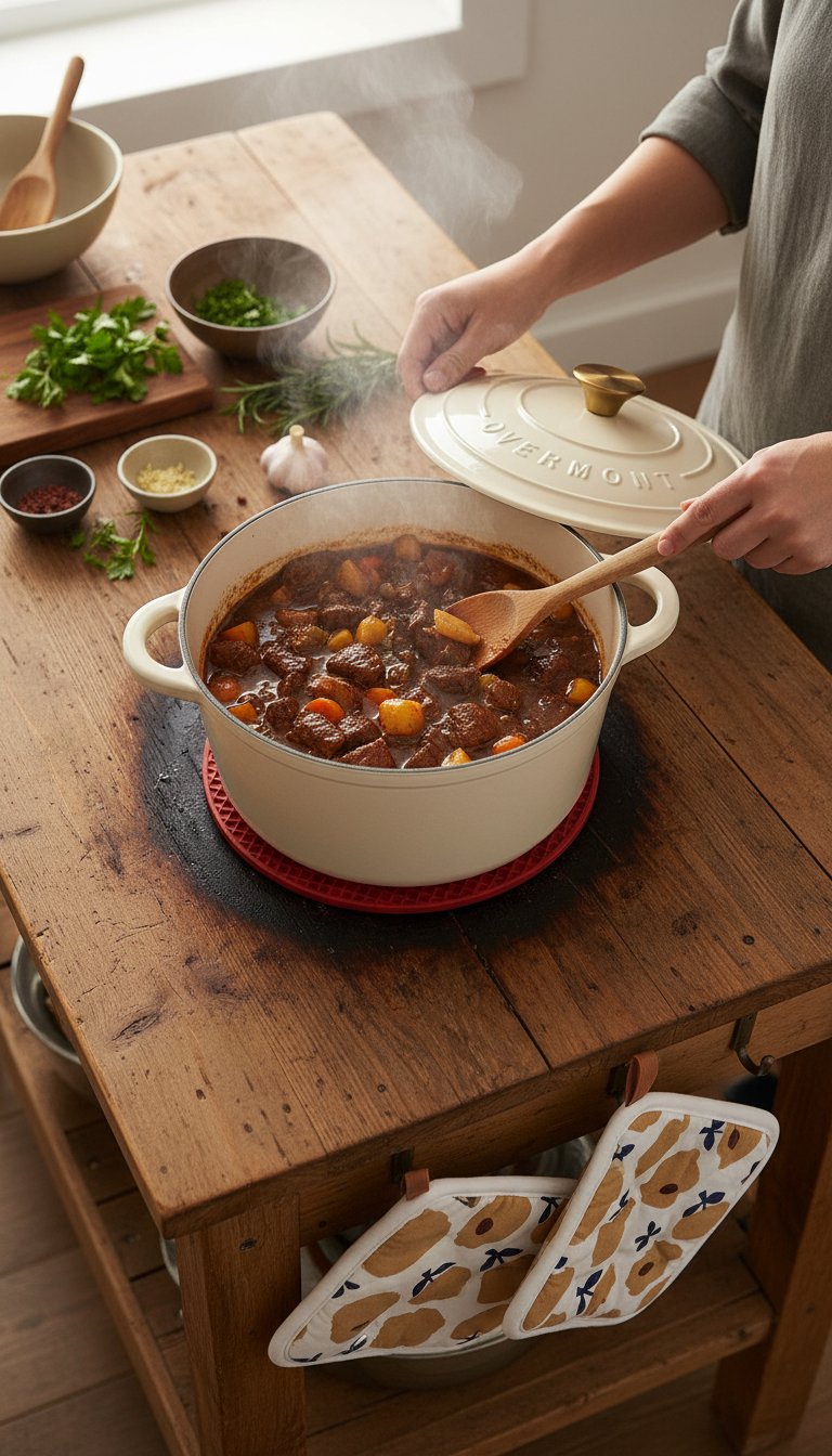 A Photo Showing The Overmont Dutch Oven On A Stovetop Next To An Infrared Thermometer And A Notebook, Or A Split Image Showing It Used For Baking And Braising.