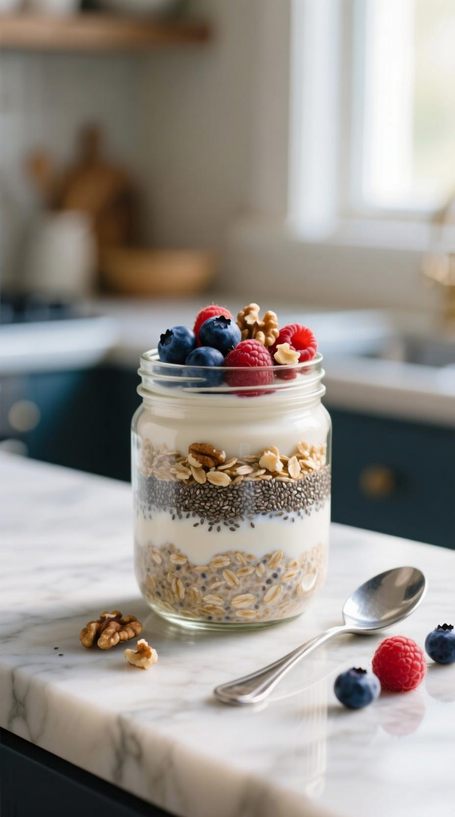 Overnight Oats In A Glass Jar Topped With Berries And Walnuts On A Marble Countertop With Soft Natural Light