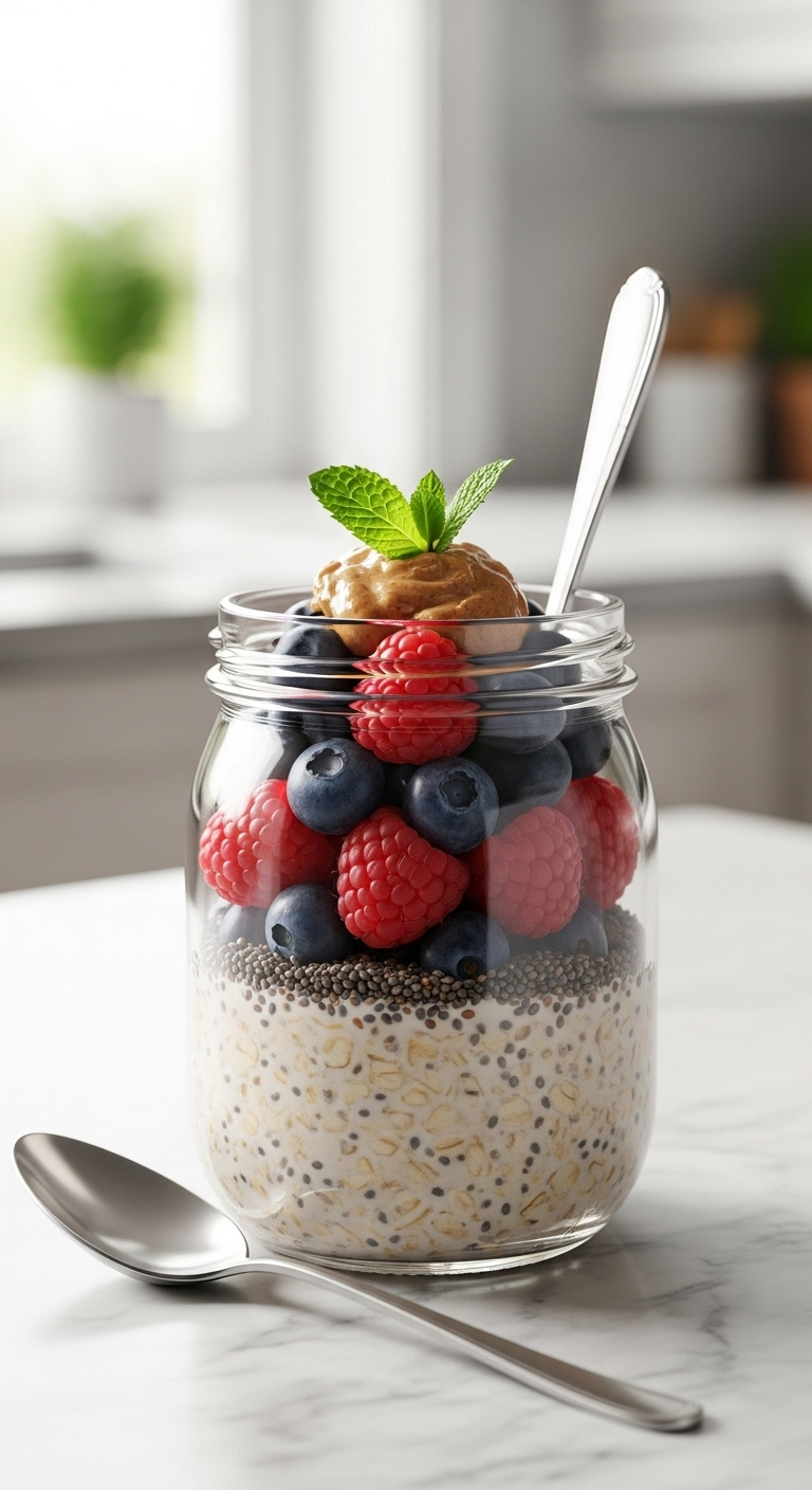 Overnight Oats With Berries And Almond Butter On Marble Counter With Mint Leaf And Spoon