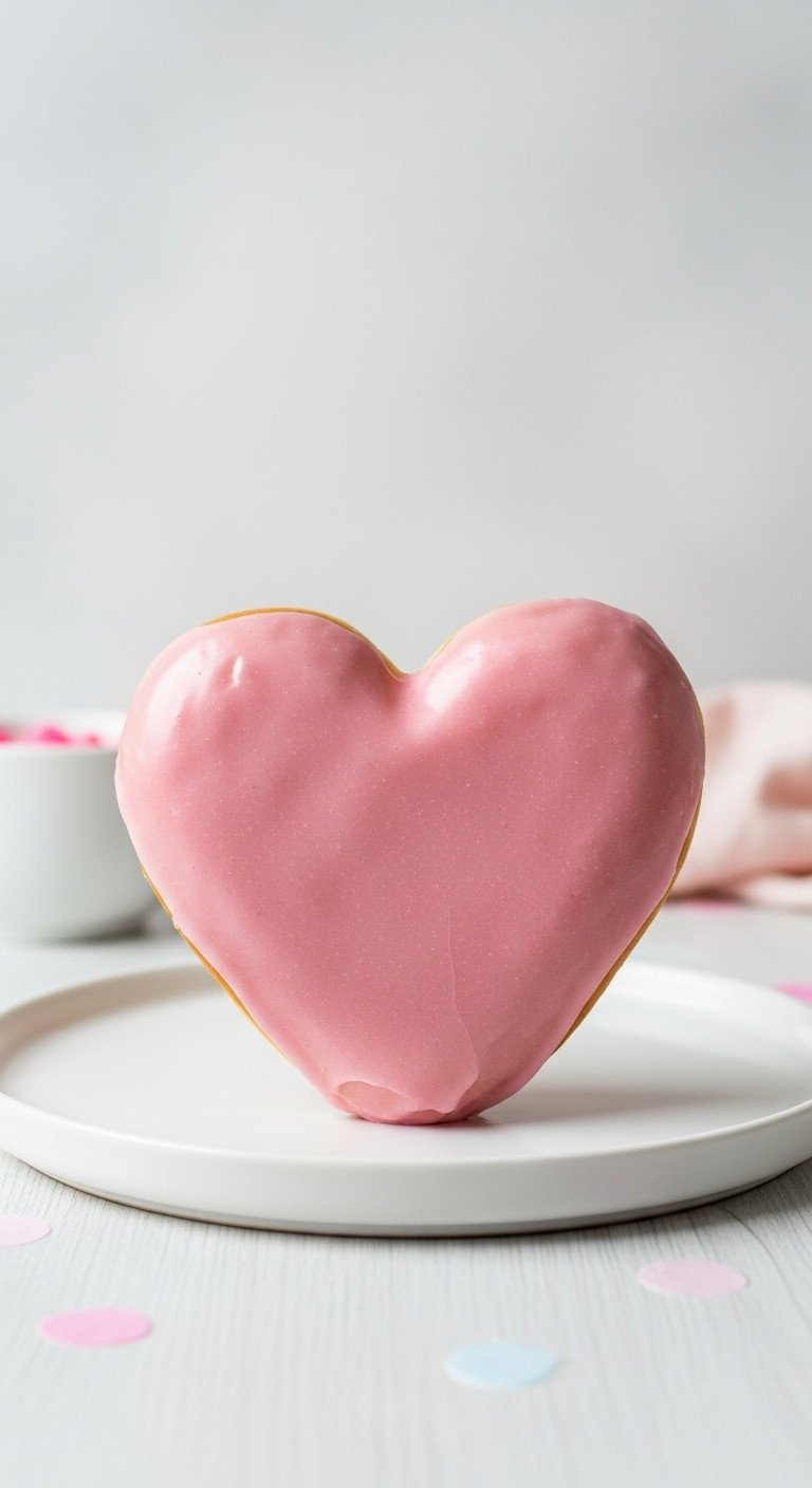 Oversized, Perfectly Glazed Heart-Shaped Donut On White Plate, Focused On Glossy Pink Glaze. Minimalist Valentine's Day Treat.