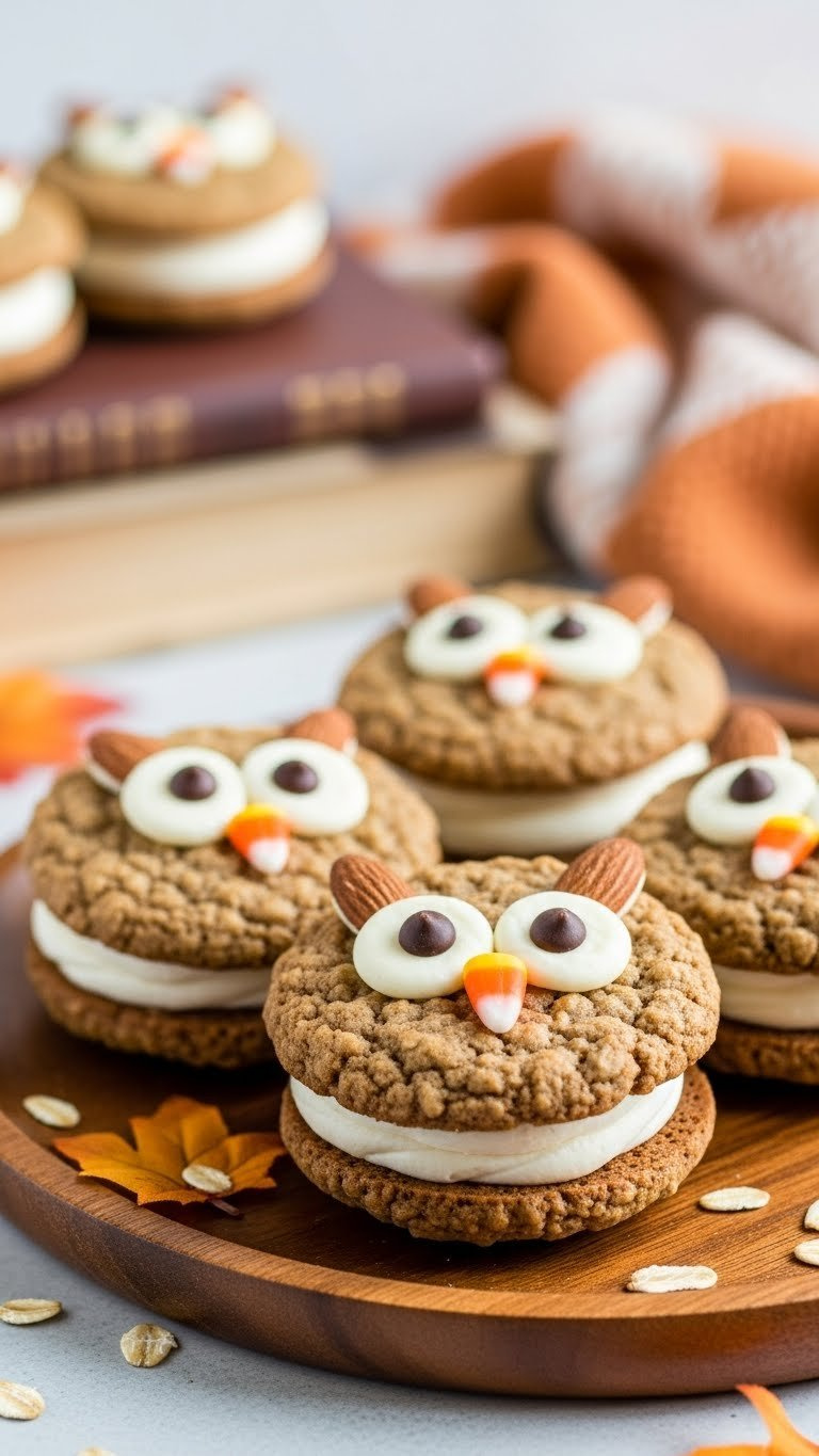 Owl-Themed Oatmeal Cream Pies With Chocolate Chip Eyes And Candy Corn Beaks On Wooden Platter