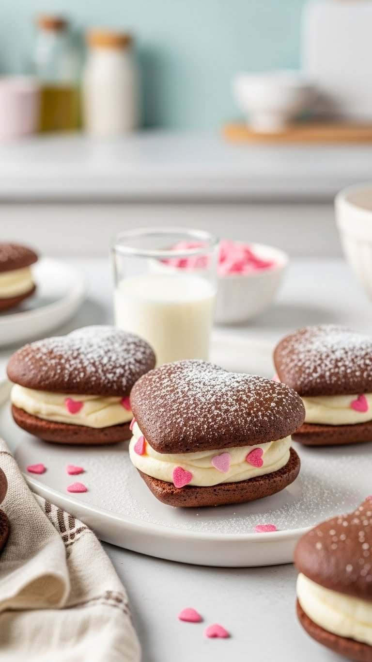 Pair Of Heart-Shaped Whoopie Pies With Vanilla Buttercream Filling Dusted With Powdered Sugar.