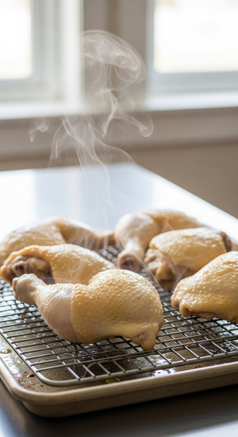 Pale Fried Chicken Pieces Resting On A Wire Rack With Steam Rising On A Kitchen Counter.