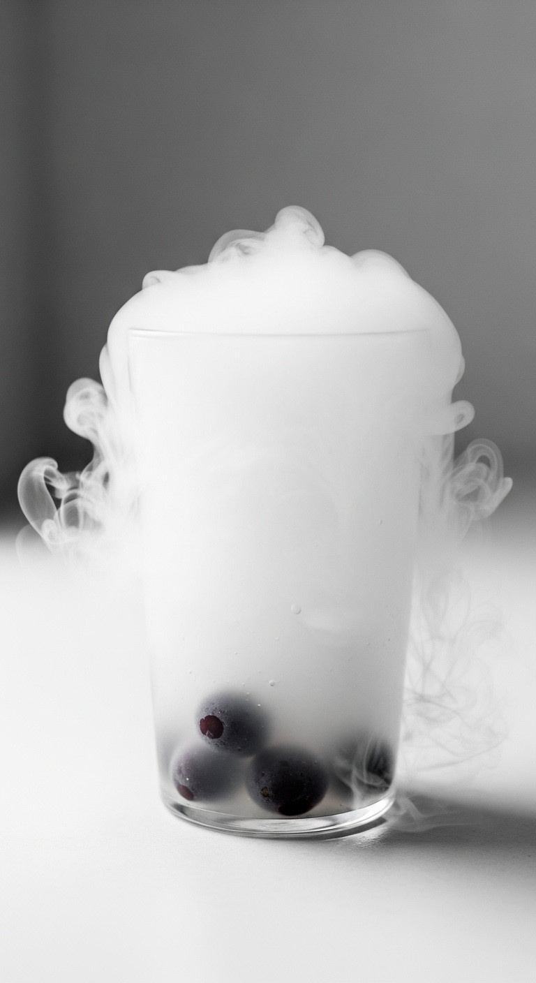 Pale Ghostly Grape Fusion Loaded Tea With Dark Frozen Grapes In A Clear Glass Against A Neutral Background