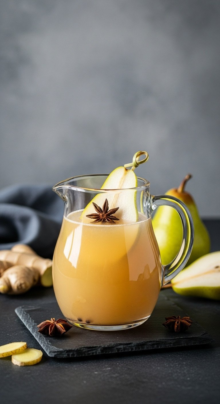 Pale Golden Pear And Ginger Punch In A Modern Glass Pitcher With Star Anise, Pear Slice On Dark Slate Surface.