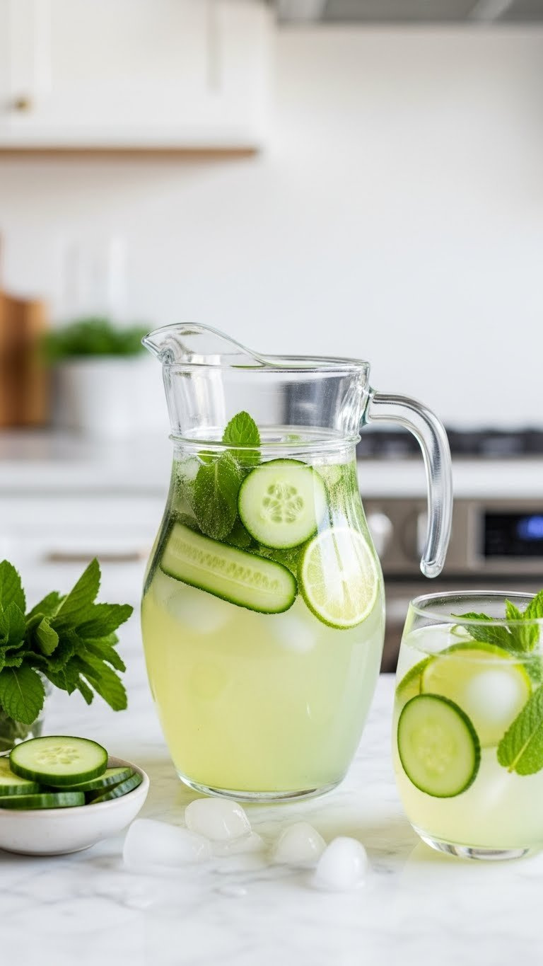 Pale Green Cucumber Mint Spritzer In Transparent Glass Pitcher With Cucumber Slices And Mint Leaves On Marble Countertop.