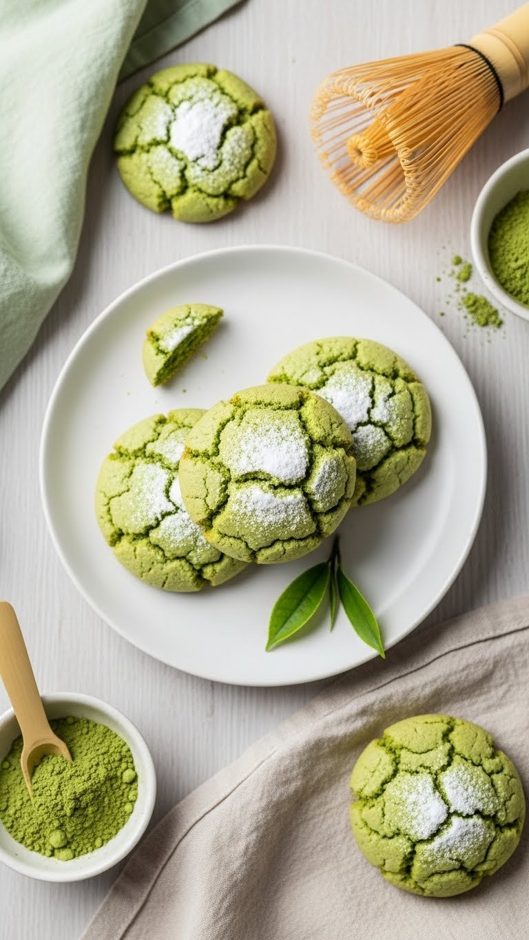 Pale Green Matcha Cloud Cookies With Powdered Erythritol Dusting Arranged On White Ceramic Plate