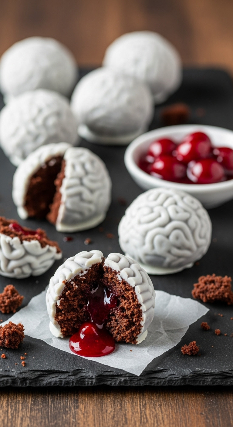 Pale Grey-White Cake Ball Brains, One Broken Open With Oozing Cherry 'Blood' On Black Slate With Chocolate Crumbs