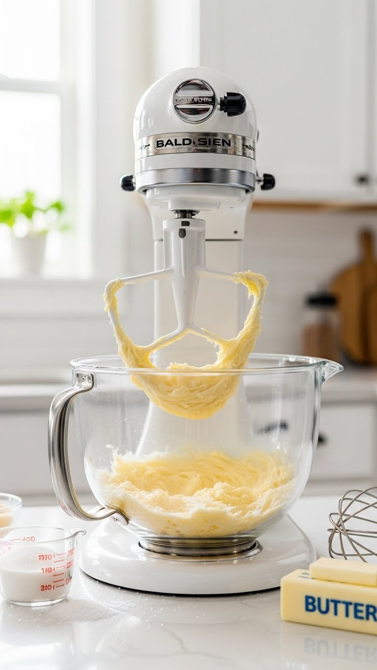 Pale Yellow Butter And Granulated Sugar Creamed Together In A Stand Mixer Bowl With Fluffy Texture Clinging To The Paddle Attachment.