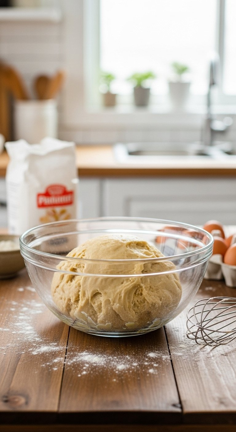Pale Yellow Cookie Dough In Glass Bowl On Rustic Table With Whisk And Blurred Kitchen Background.