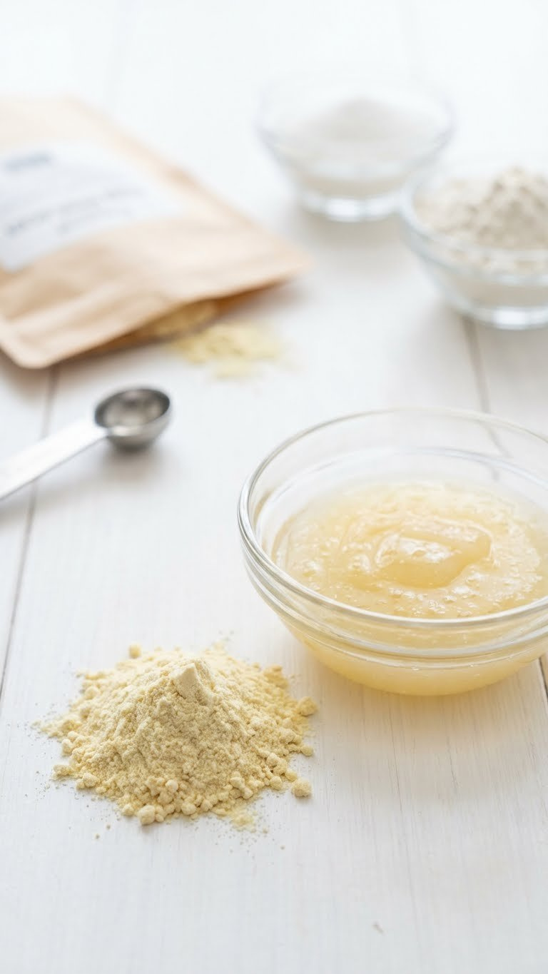 Pale Yellow Egg Replacer Powder And Mixed Gel In A Glass Bowl On White Wood With Packaging, Sugar, Flour. Vegan Baking.