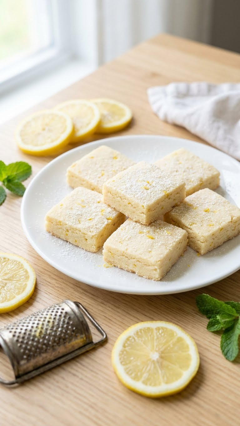 Pale Yellow Lemon Zest Shortbread Cookies With Powdered Sugar And Visible Zest On A White Plate With Fresh Lemon.