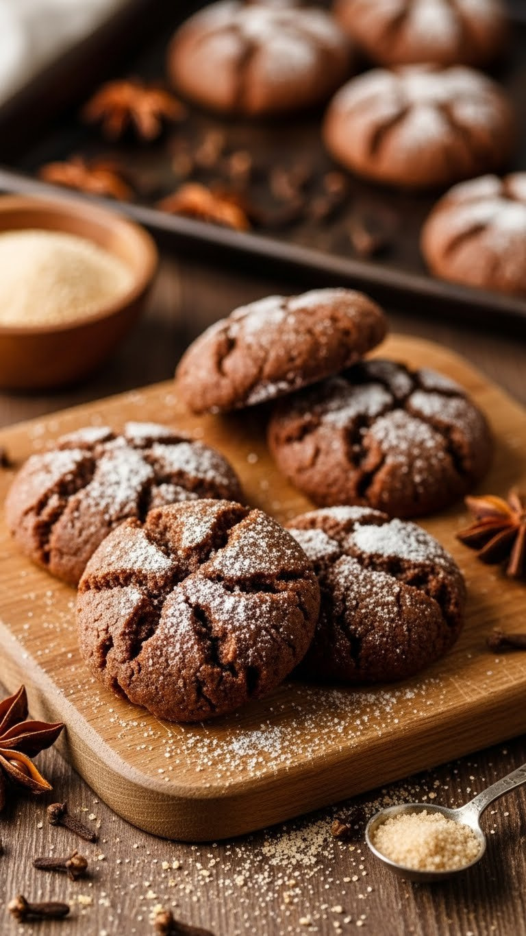 Paleo Ginger Molasses Cookies With Crinkled Tops Dusted With Sweetener On Rustic Wooden Cutting Board
