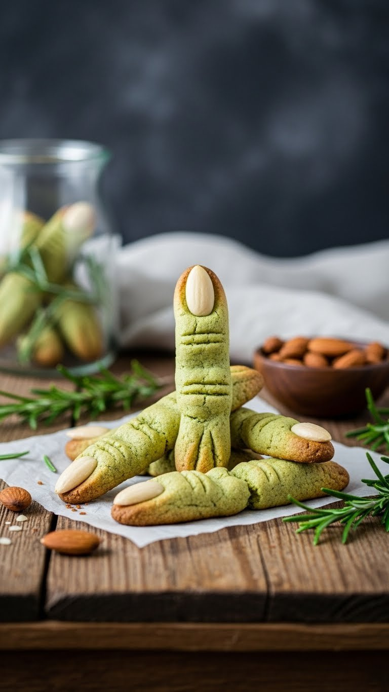 Paleo Witch Finger Cookies With Almond Fingernails Arranged Dynamically On Dark Rustic Wooden Background