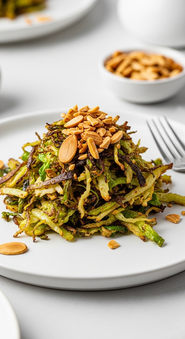 Pan Fried Shredded Brussels Sprouts With Toasted Slivered Almonds On A Minimalist White Plate With A Bowl Of Almonds