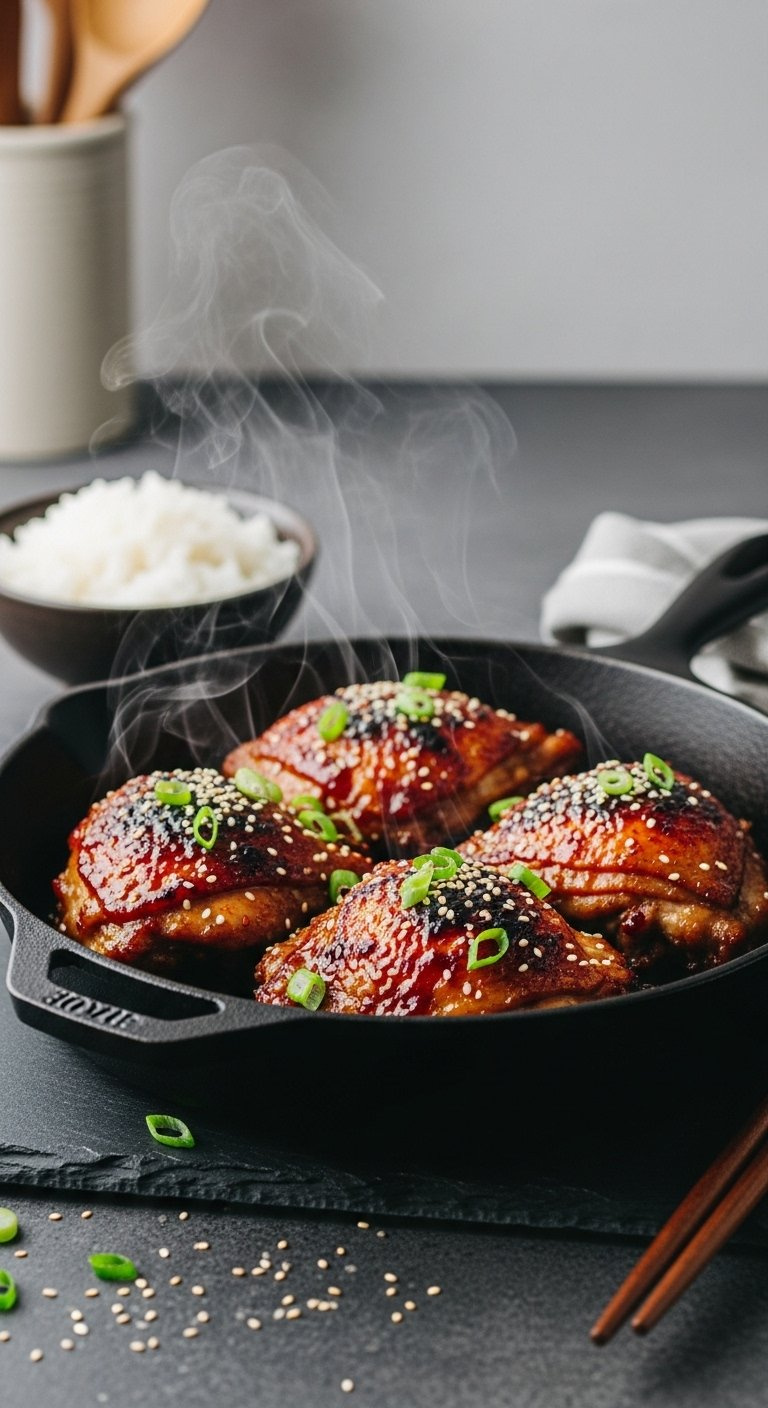 Pan-Seared Gochujang Chicken Thighs With Caramelized Glaze In A Black Cast-Iron Skillet Garnished With Green Onions.