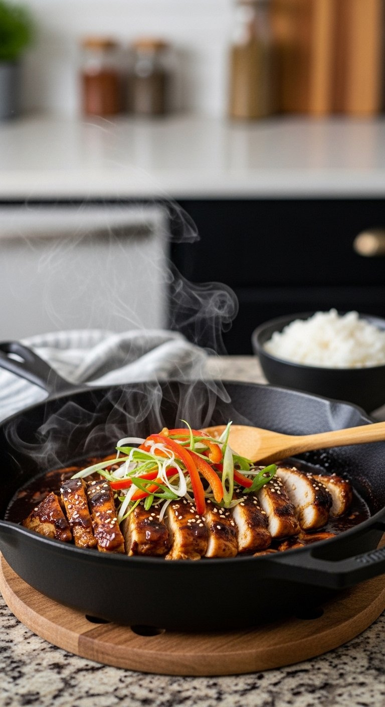 Pan-Seared Korean Bbq Chicken Sizzling In A Cast-Iron Skillet With Red Bell Peppers And Green Onions.