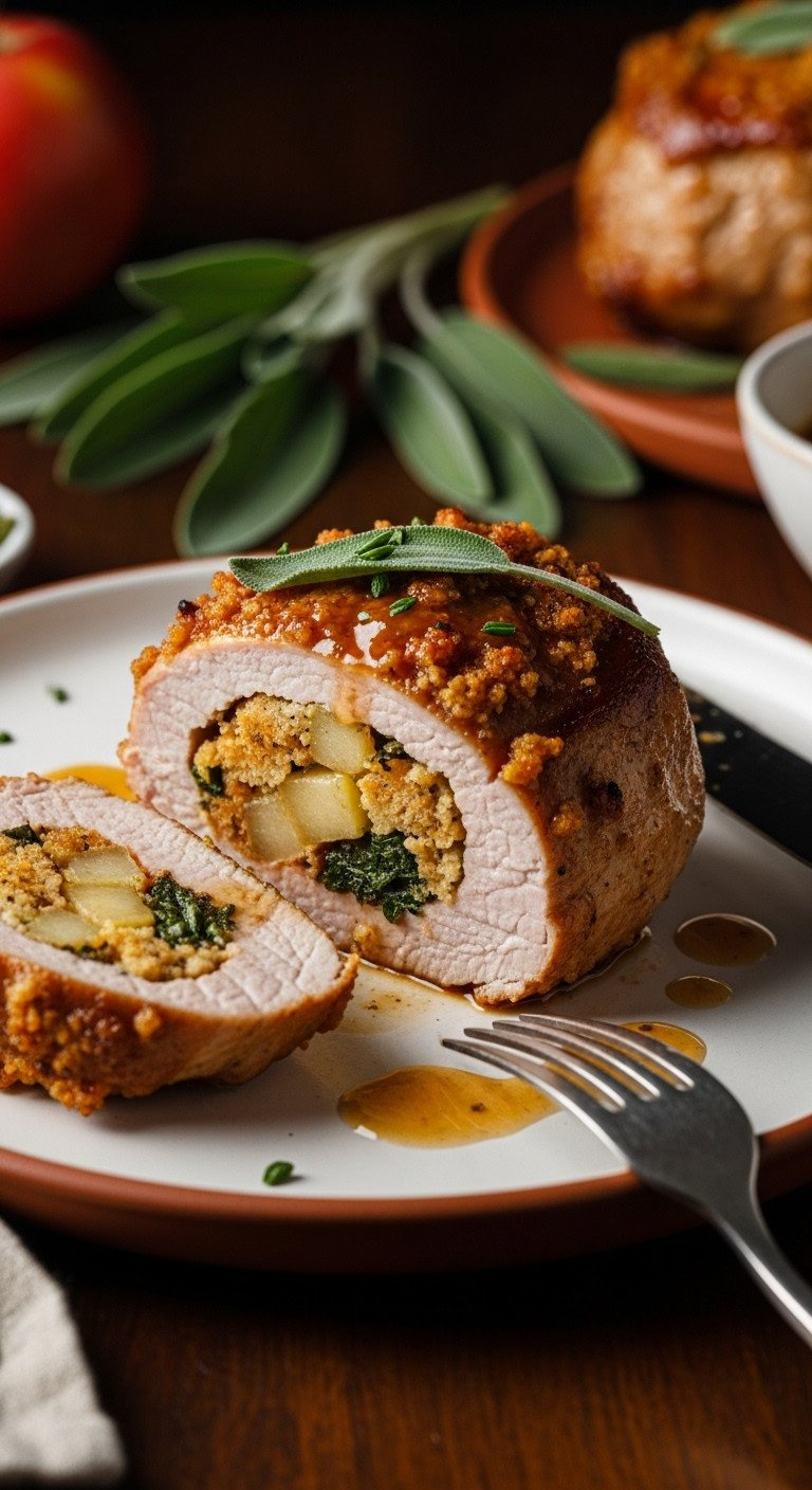 Pan-Seared Apple And Sage Stuffed Pork Chop With Golden Crust, Pan Sauce, On A Rustic Plate With Sage Leaves.