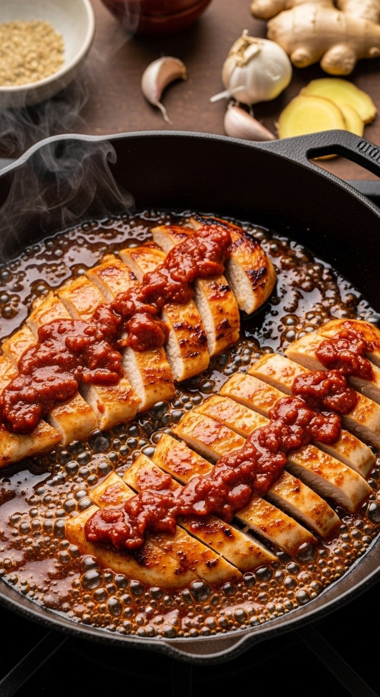 Pan-Seared Chicken Breast Slices Sizzling In A Cast-Iron Skillet Coated In Bubbling Sticky Garlic Gochujang Sauce.