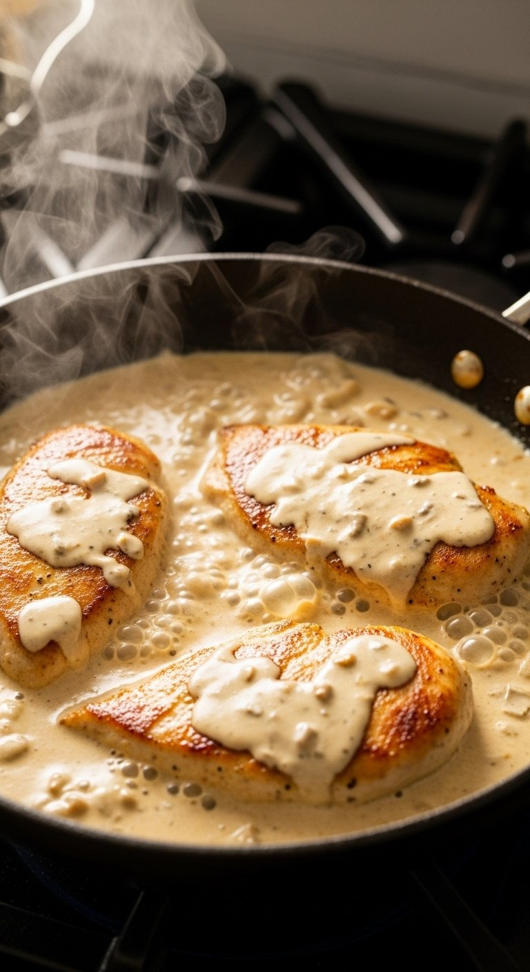 Pan-Seared Chicken Simmers In A Creamy Ranch Sauce Inside A Black Cast-Iron Skillet On The Stove.
