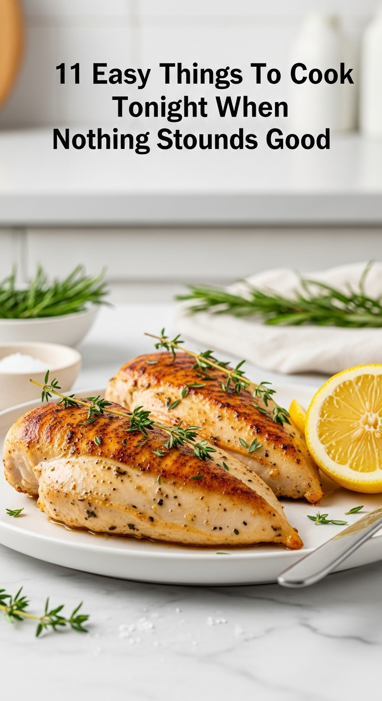 Pan-Seared Lemon Herb Chicken Breasts With Thyme And Lemon Slice On A White Plate With Salt And Rosemary