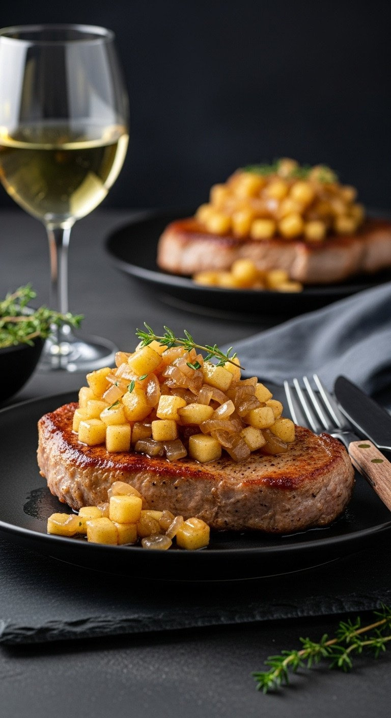 Pan-Seared Pork Chop With Caramelized Apples And Onions, Golden Crust, Thyme On Dark Plate.