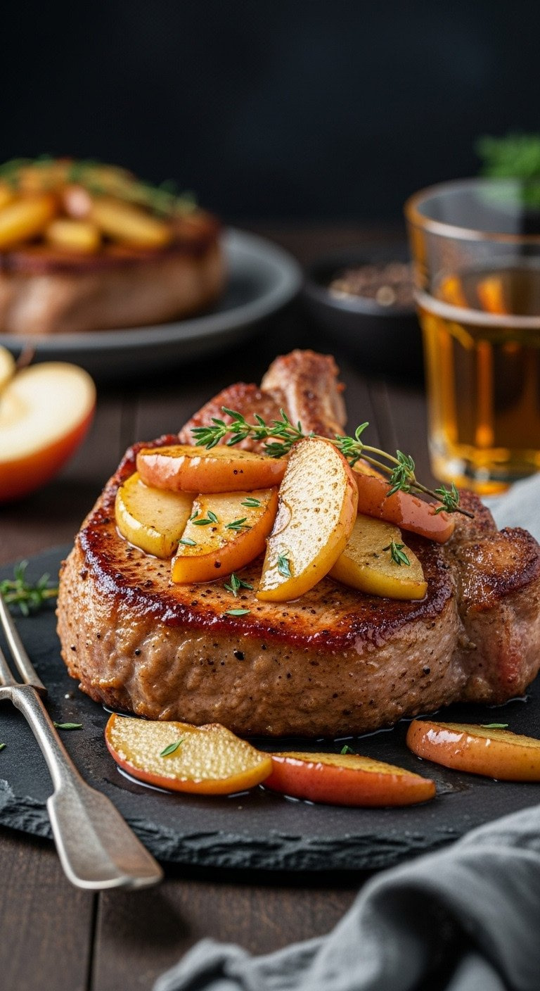 Pan-Seared Pork Chop With Golden Crust, Glistening Caramelized Apples, Fresh Thyme On Rustic Plate, Elegant Dinner.