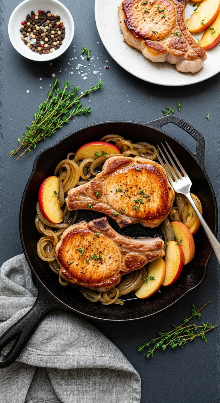 Pan-Seared Pork Chops In A Cast-Iron Skillet With Golden-Brown Crust, Caramelized Apples, Onions, And Sauce. Thyme Sprigs.
