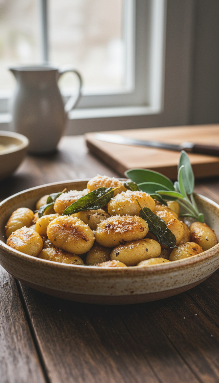 Pan-Seared Potato Gnocchi With Crispy Edges, Brown Butter, Fried Sage, And Parmesan On A Rustic Ceramic Plate.