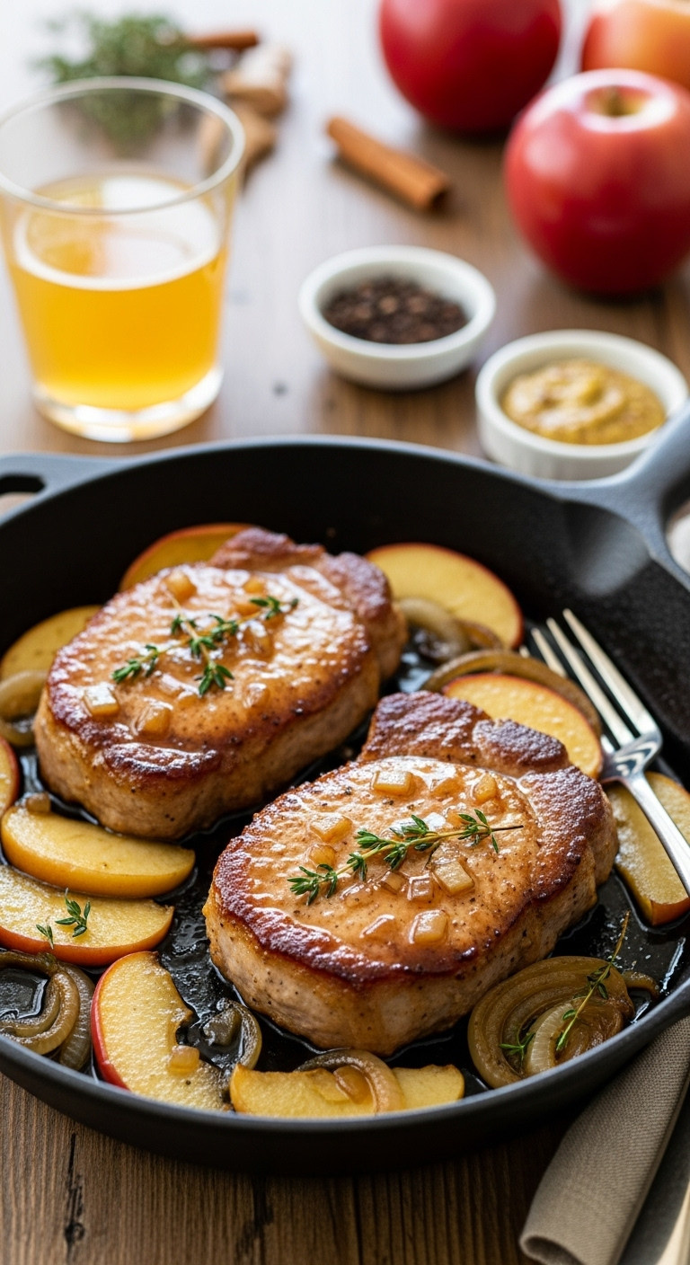 Pan-Seared Thick-Cut Pork Chops Simmering In An Apple Cider Glaze With Caramelized Apples Onions And Thyme In A Cast-Iron Skillet