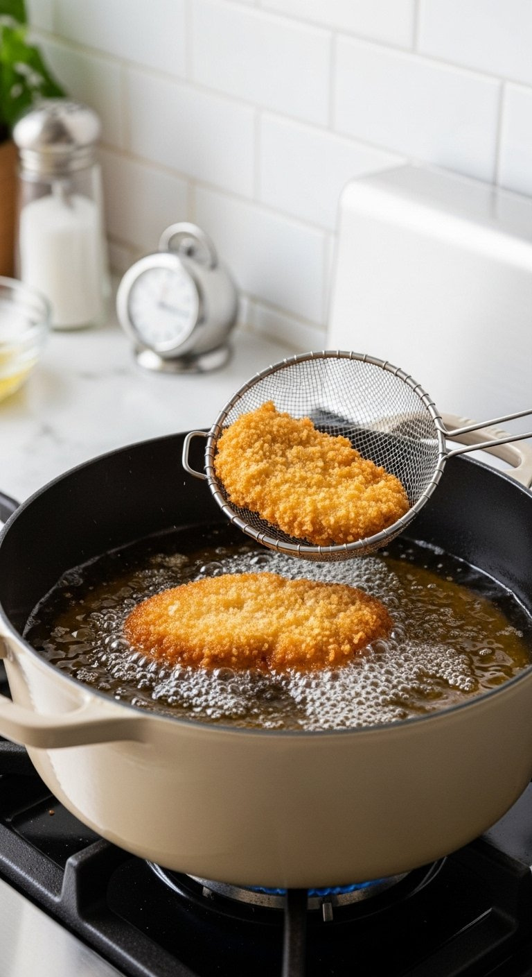 Panko-Crusted Chicken Cutlet Deep-Frying To Golden Brown Perfection Inside A Dutch Oven With Bubbling Oil.
