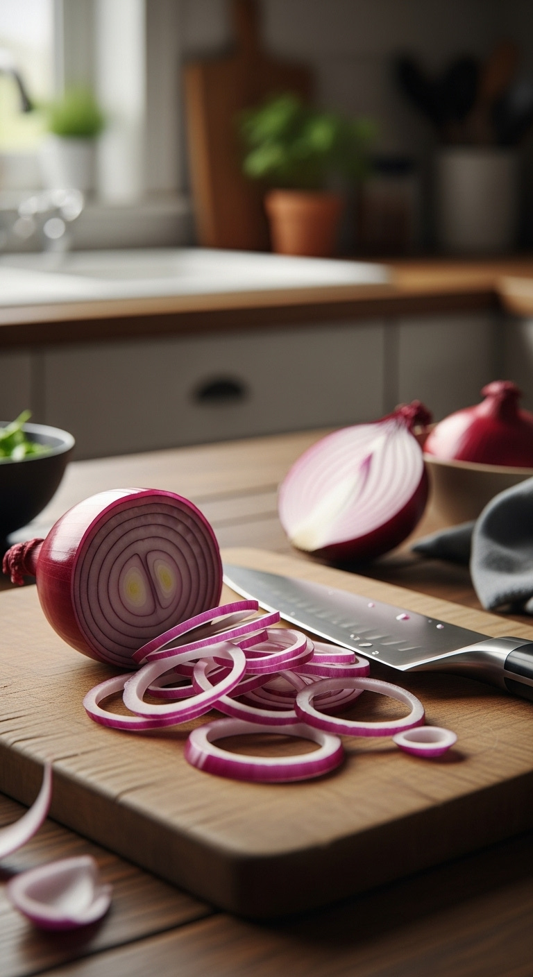 Paper Thin Sliced Red Onion Half Moons Next To A Chef Knife On A Rustic Cutting Board With Natural Light