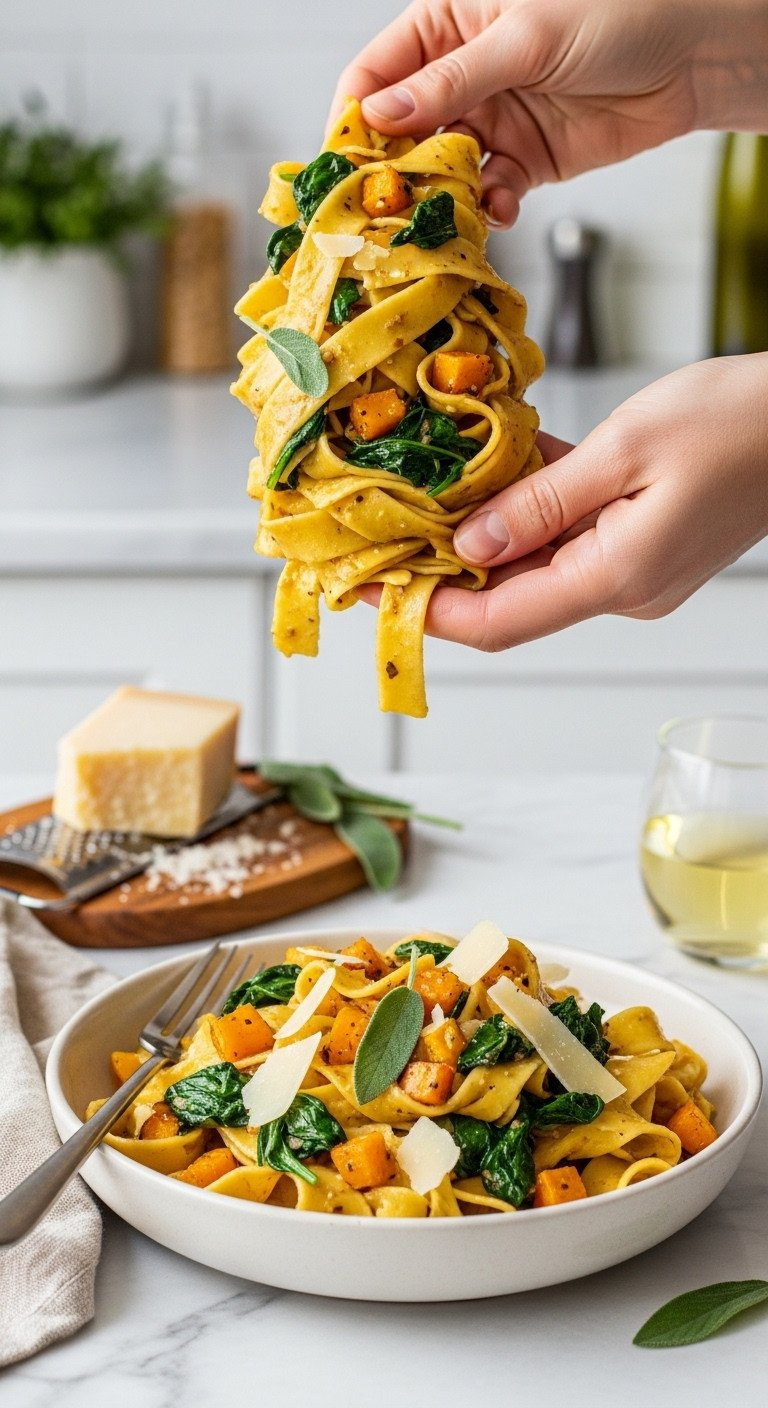 Pappardelle Pasta With Roasted Butternut Squash In Sage Brown Butter Sauce, Spinach, And Shaved Parmesan. Elegant Fall Dinner.