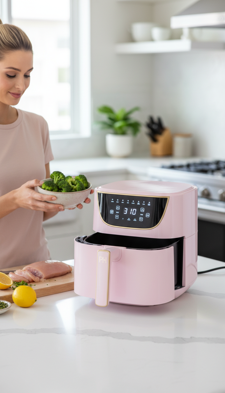 A Stylish Pink Air Fryer On A Kitchen Counter, With Gold Accents.