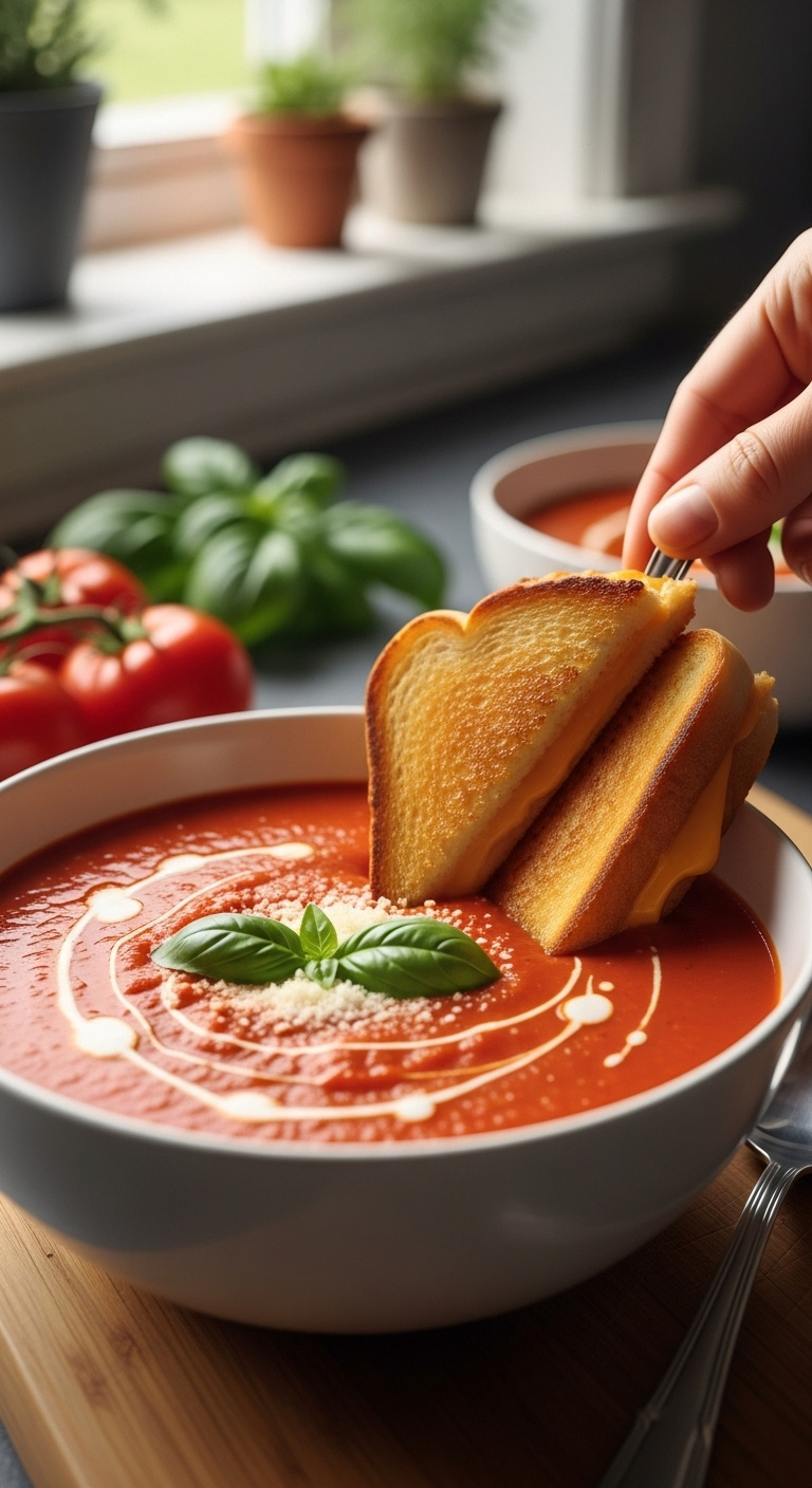 Parmesan Basil Tomato Soup With Cream Parmesan Basil And Grilled Cheese Dunked In On Wooden Board With Fresh Tomatoes