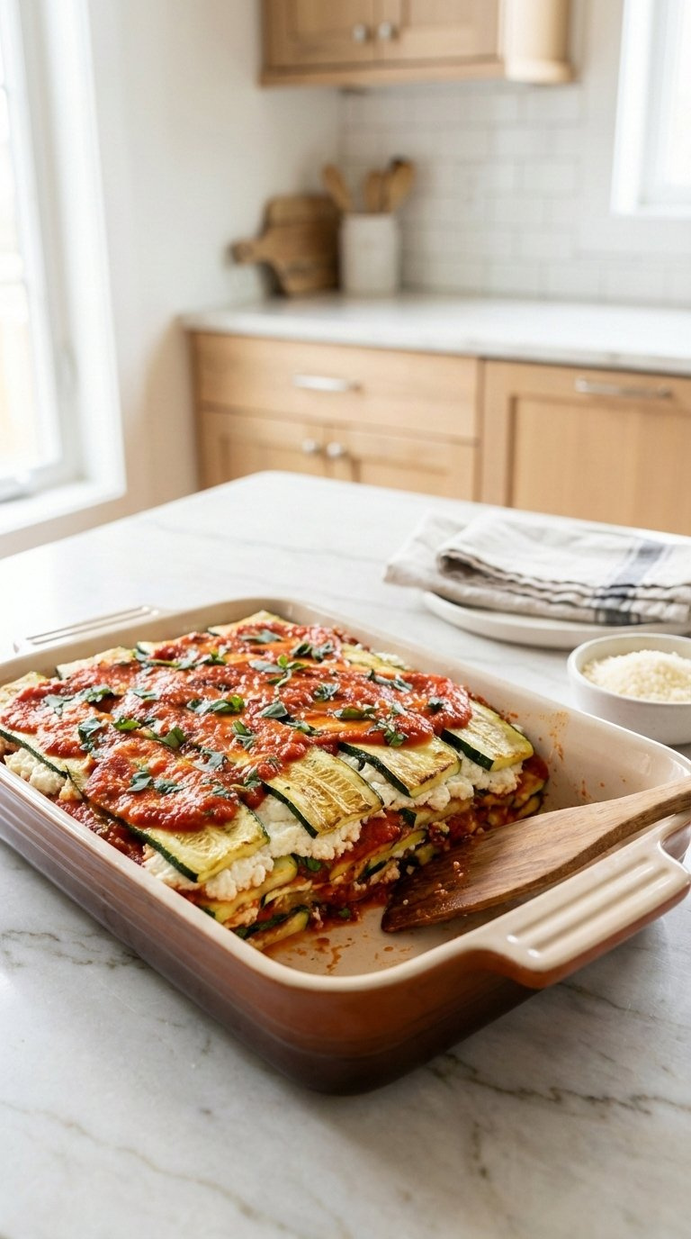 Partially Assembled Zucchini Lasagna Showing Layered Zucchini Slices, Creamy Ricotta, And Rich Marinara Sauce