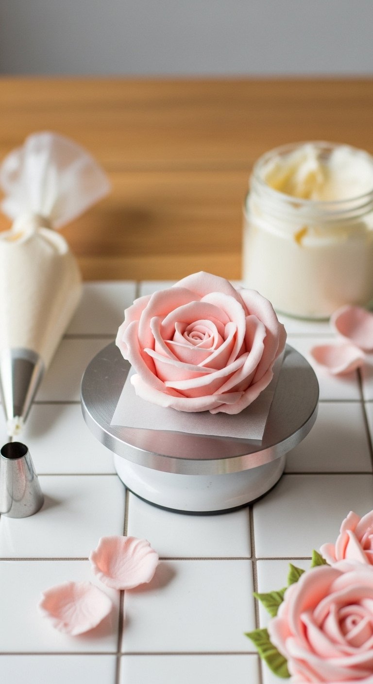 Partially Piped Buttercream Rose With Delicate Petal Layers On A Flower Nail During Decorating.