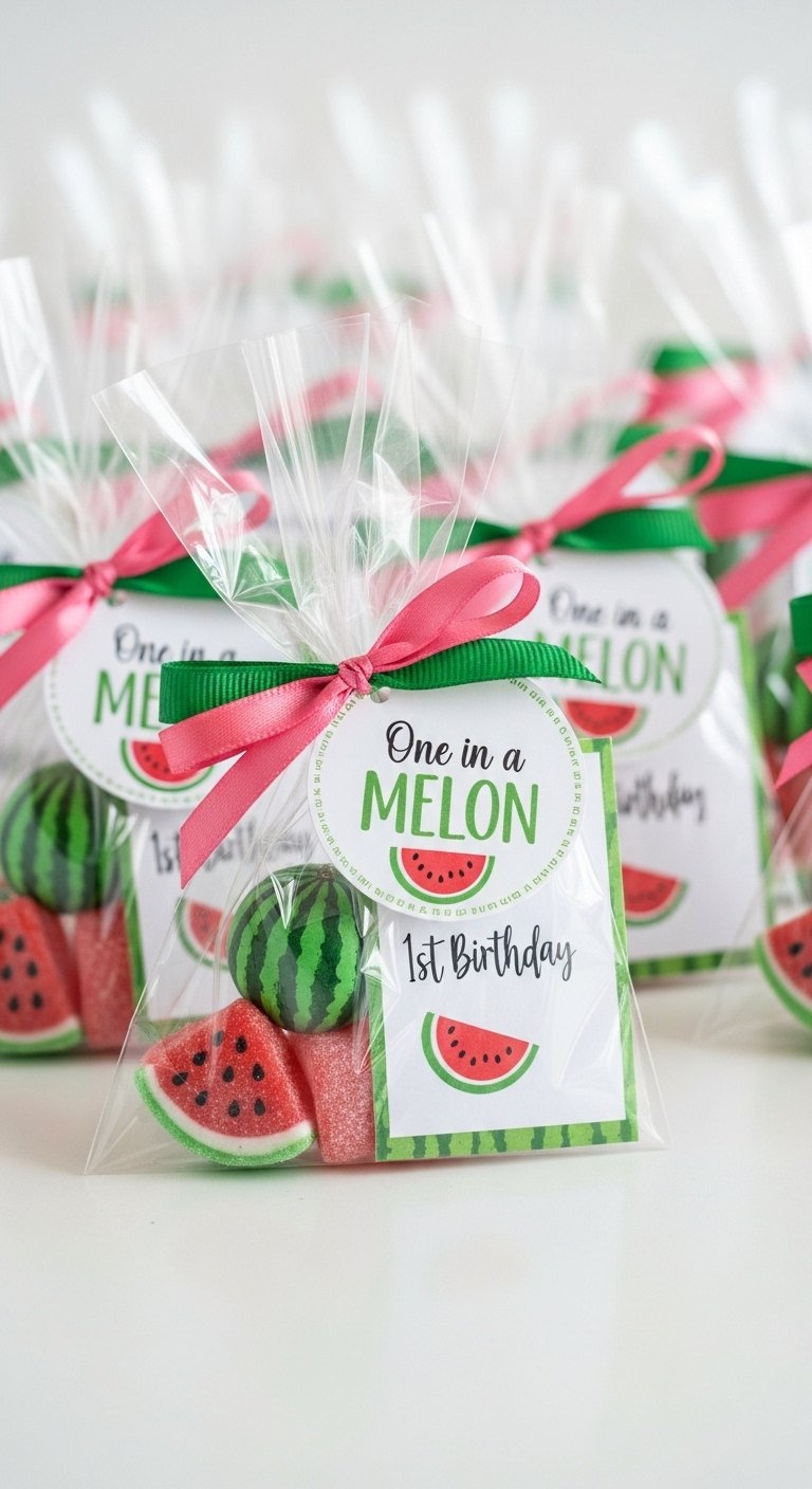 Party Favor Bags With Pink And Green Ribbon Containing Watermelon-Shaped Candy And Seed Packets.