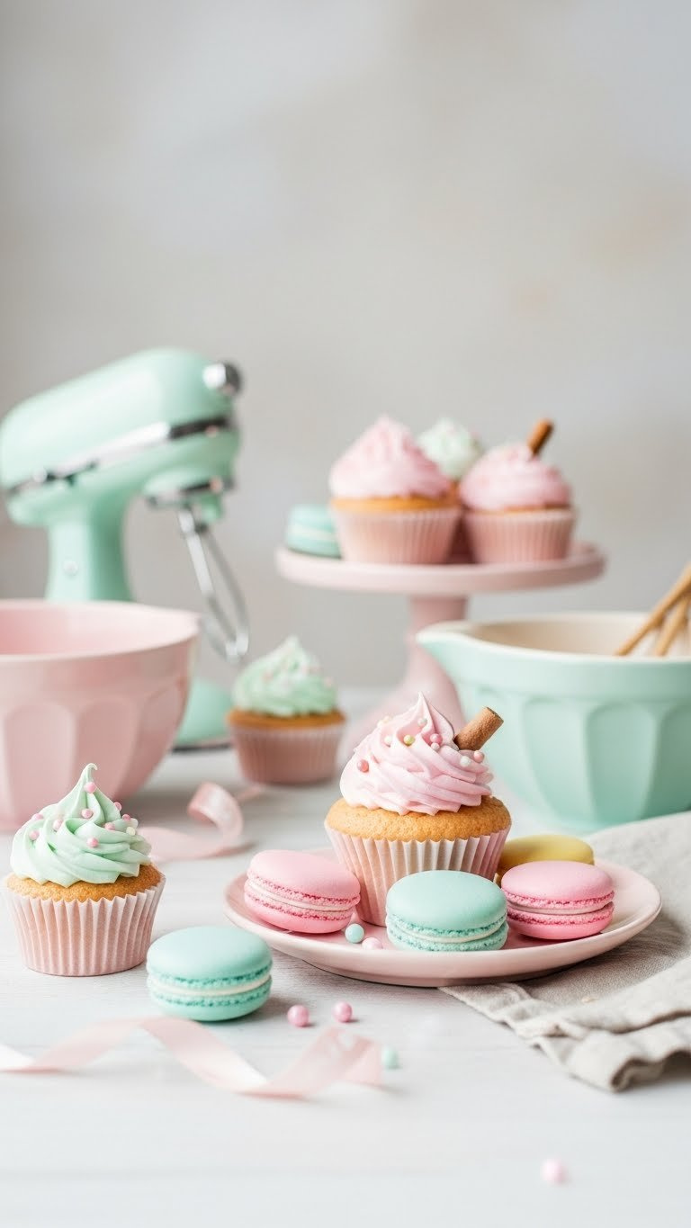 Pastel Baking Graphics With Soft-Hued Cupcakes And Macaroons In Mint Green And Baby Pink Colors On White Table