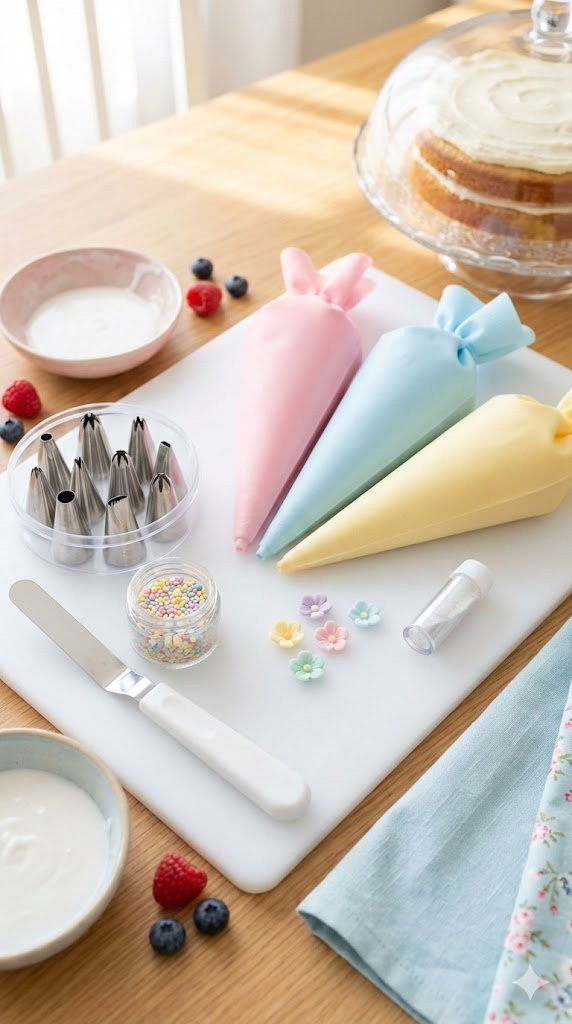 Pastel-Colored Cake Decorating Set With Piping Bags, Nozzles, And Edible Decorations Arranged On White Cutting Board.